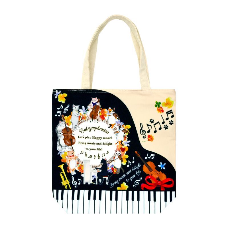 Color Print Tote Bag ミディアムトート ピアノ 中国製 トートバッグ バック 猫 ネコ ねこ 音楽 かわいい カワイイ 可愛い おしゃれ オシャレ