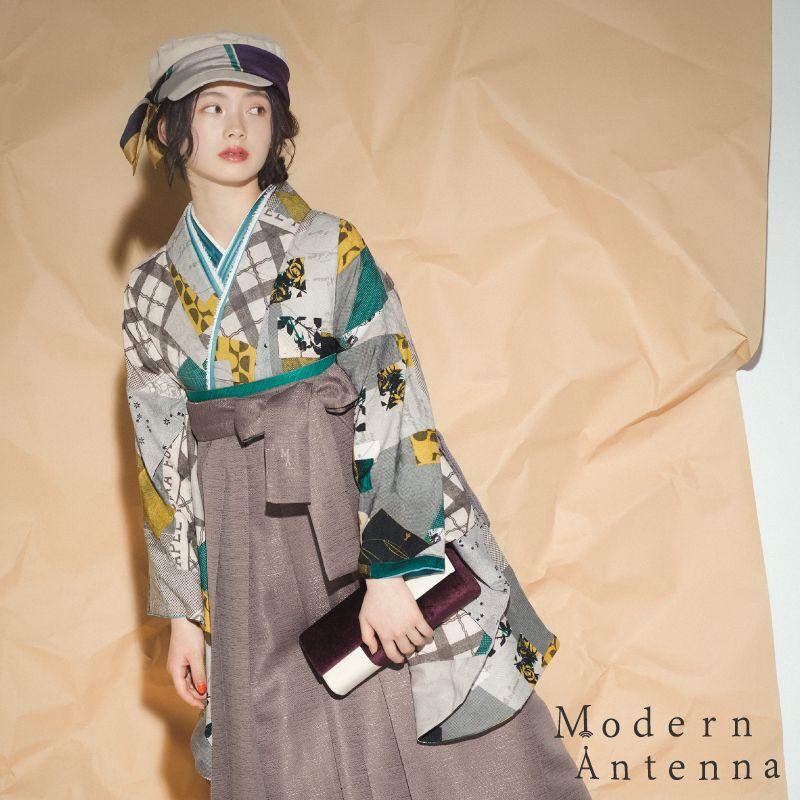 画像1: [卒業衣装:2022年新作 ModernAntenna]「着物：星間（バラ）黄」「袴：ツイード(茶)」　 (1)