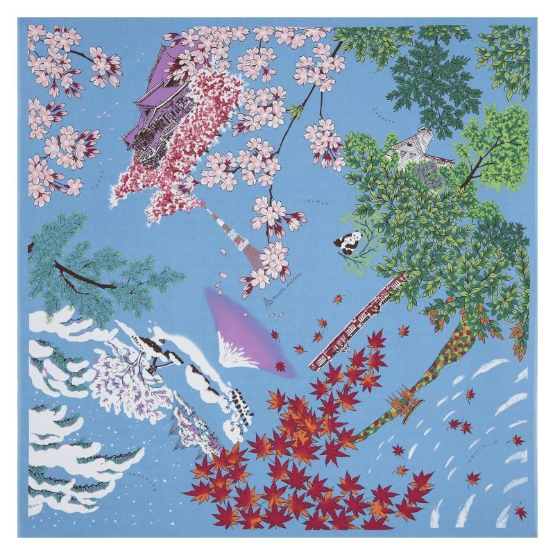 画像1: [浅山美里：大判ふろしき] 「日本の四季」約112cm幅 綿100% 日本製 風呂敷 (1)